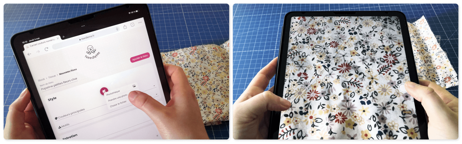Prise d'une photo du tissu via l'application NeedleMe