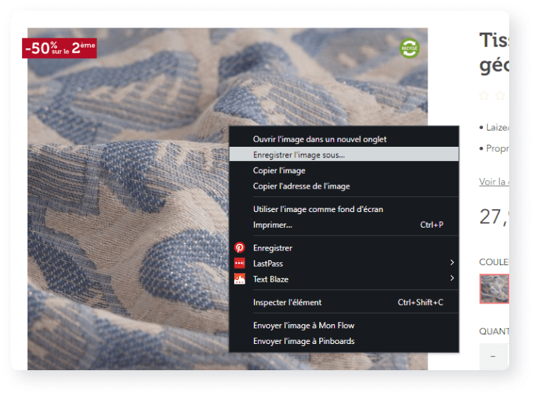 Capture d'écran d'un site e-commerce où j'enregistre la photo du tissu