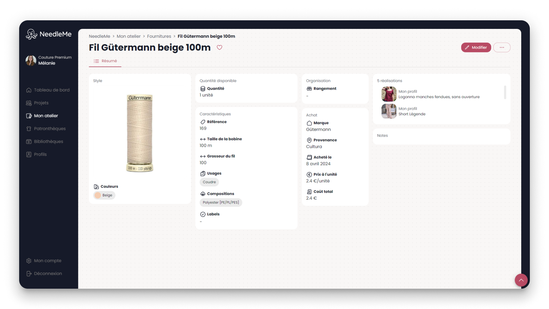 NeedleMe - Organiser facilement vos projets de couture